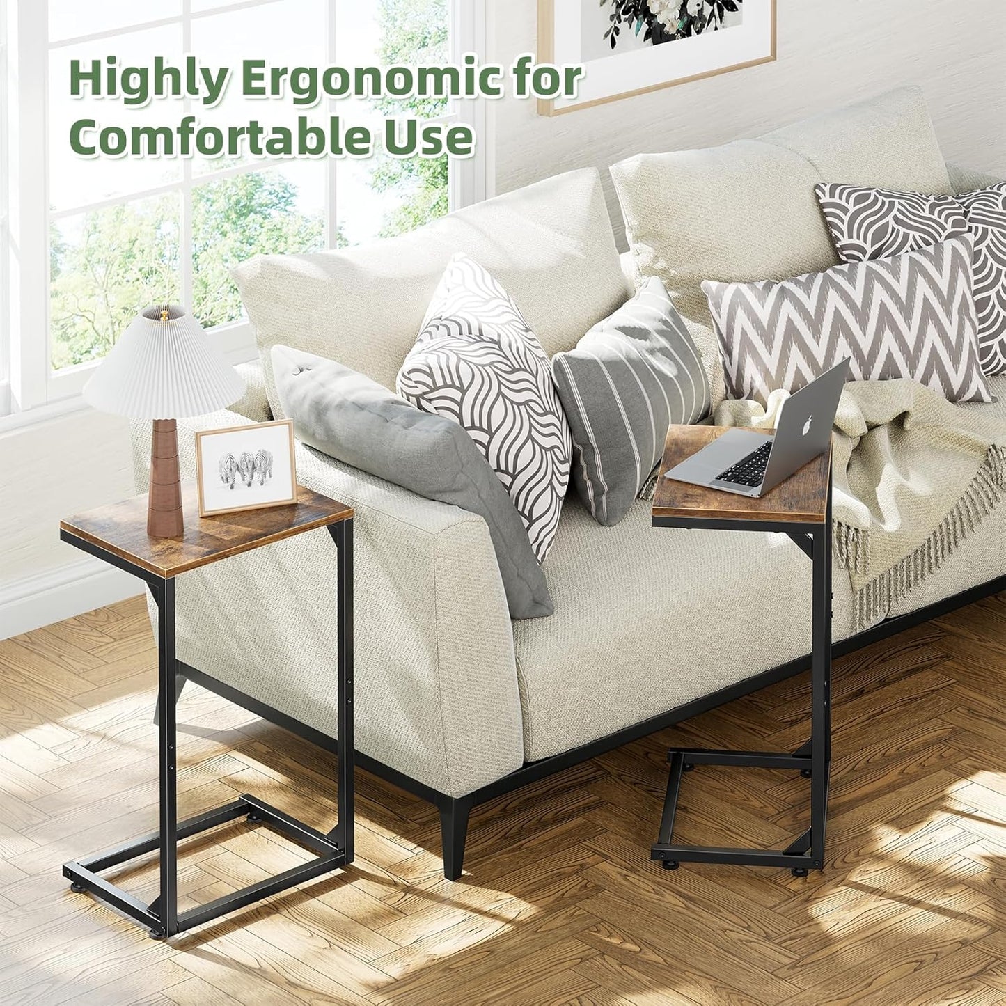 Simple Trending C Shaped End Table, TV Tray for Couch, Small Side Table with Metal Frame, for Living Room Bedroom, Rustic Brown
