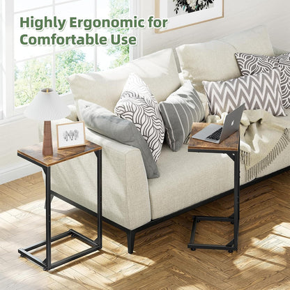 Simple Trending C Shaped End Table, TV Tray for Couch, Small Side Table with Metal Frame, for Living Room Bedroom, Rustic Brown