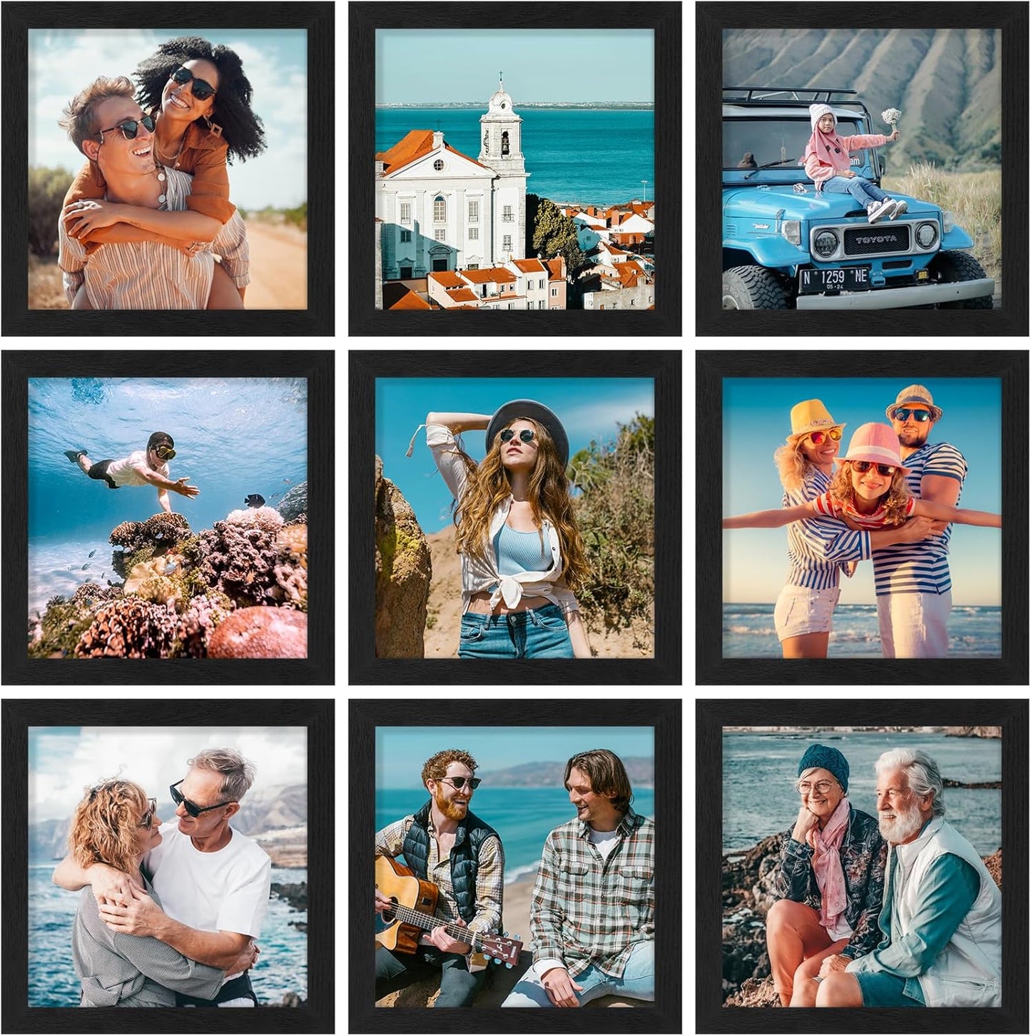 Vittanly 8x10 Picture Frames Set of 9, Shatter Resistant Plexiglass, Display 5x7 Pictures with Mat or 8x10 without Mat, Photo Frames for Wall or Tabletop, Engineered Wood, Black - Colors A