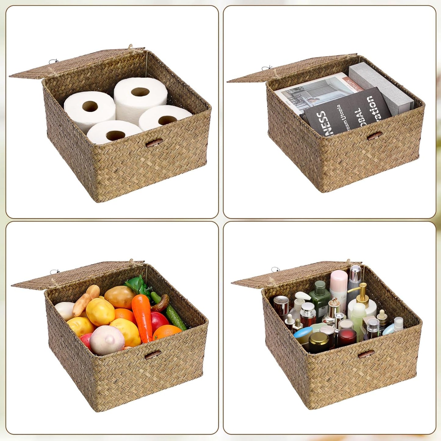 Hipiwe Seagrass Basket with Lid Wicker Storage Basket Square Handwoven Decorative Baskets Box for Shelf Multipurpose Household Baskets Home Decor,X-small