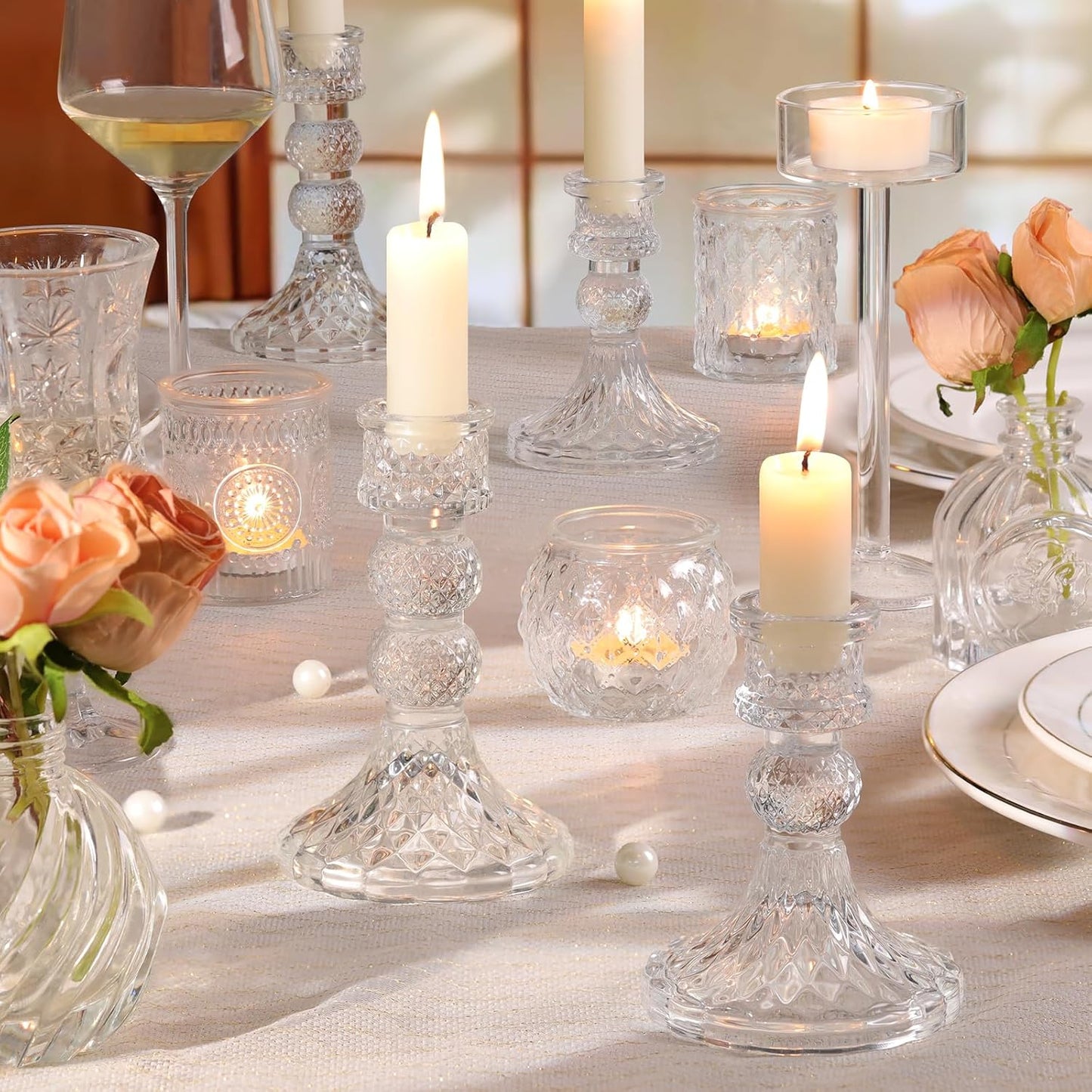 DARJEN 6Pcs Gold Candlestick Holders Set - 4" H & 5" H Striped Taper Candle Holders Bulk, Glass Candle Holders for Wedding, Festival, Party, Table Centerpiece, Gifts
