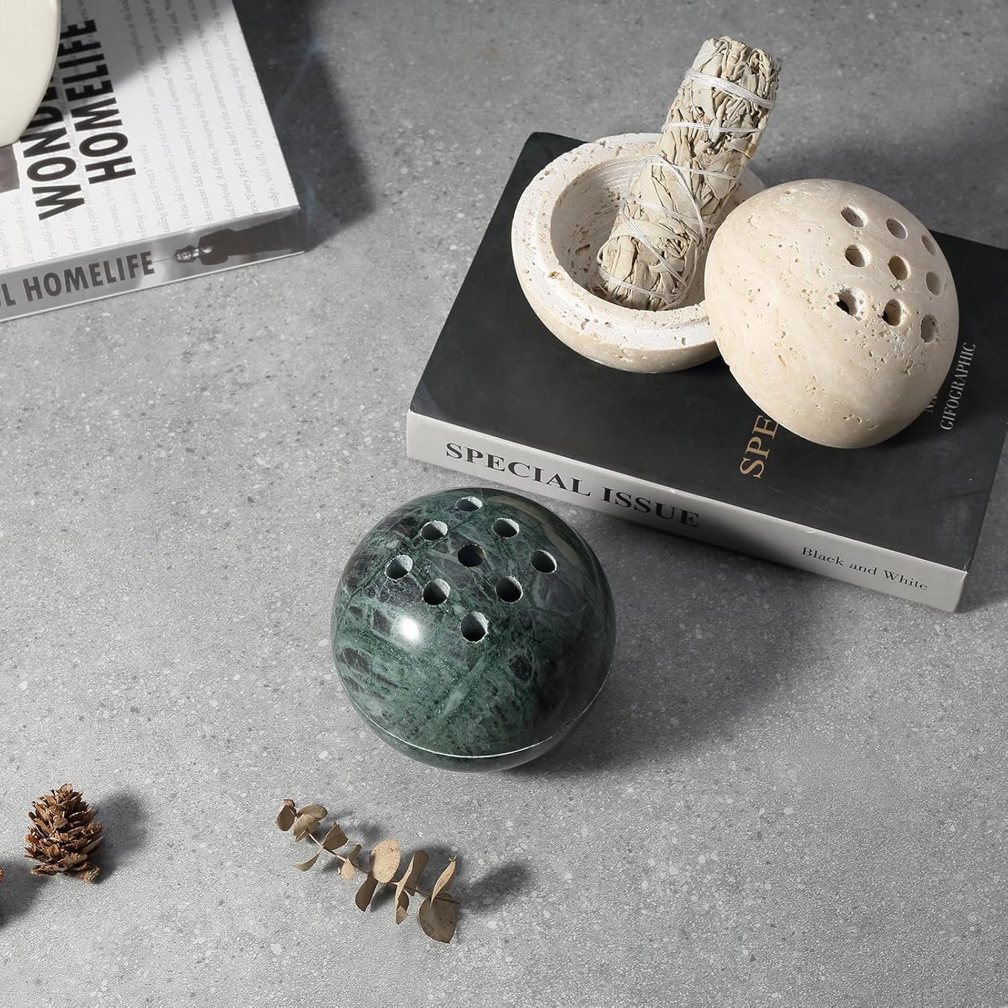 Koville Natural Marble Incense Holder, Incense Holder for Sticks with 9 Holes, Handmade Incense Burner Ash Catcher for Meditation Yoga SPA, Balsam Fir/Palo Santo/Sage/Cone (Green)