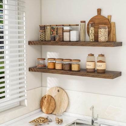 RICHFOCUS 72Inch Floating Shelves for Wall 2 Pack Shelves for Bedroom|Kitchen|Bathroom Wall Mounted Rustic Wood Floating Shelf with Invisible Brackets for Books|Storage|Decor, Rustic Brown