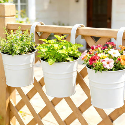 KINGLAKE Flower Pots,10 Pcs Metal Iron Hanging Flower Plant Pots Balcony Garden Plant Planter Baskets Fence Bucket Pot 4'' Flower Holders with Detachable Hook
