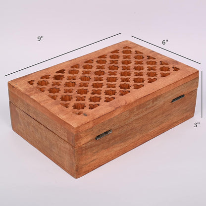 Samhita Mango Wood Decorative Wooden Box with Hinged Lid in Jali Carvings Used as Storage Box Christmas Gifts Items (9" x 6" x 3')