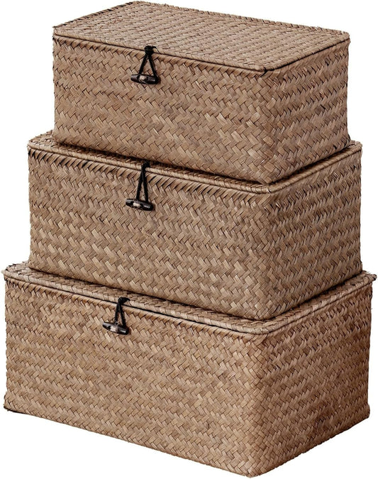 Nonam Storage Basket with Lid, Natural Seagrass Bin with Lid Set of 3, Shelf Baskets Multipurpose Container for Boho Decoration, Rectangular Household Storage Boxes for Home Organization-Natural