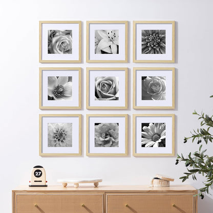 eletecpro 12x12 Picture Frames Set of 9 with Clear Acrylic Cover, Display 8x8 Photos with Mat or 12x12 Without, Classic and Sturdy Square Collage Gallery Wall Decor, Easy Wall Mount, Black