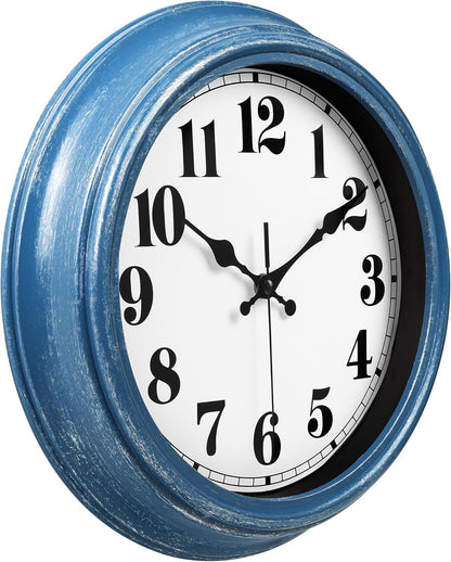 JENLYSTIME 12 Inch Indoor/Outdoor Retro Waterproof Wall Clock with Thermometer Silent Round Quartz Battery Operated Easy to Read Decorative for Kitchen Patio,Bathroom,Deck,Porch,Pool(Blue)