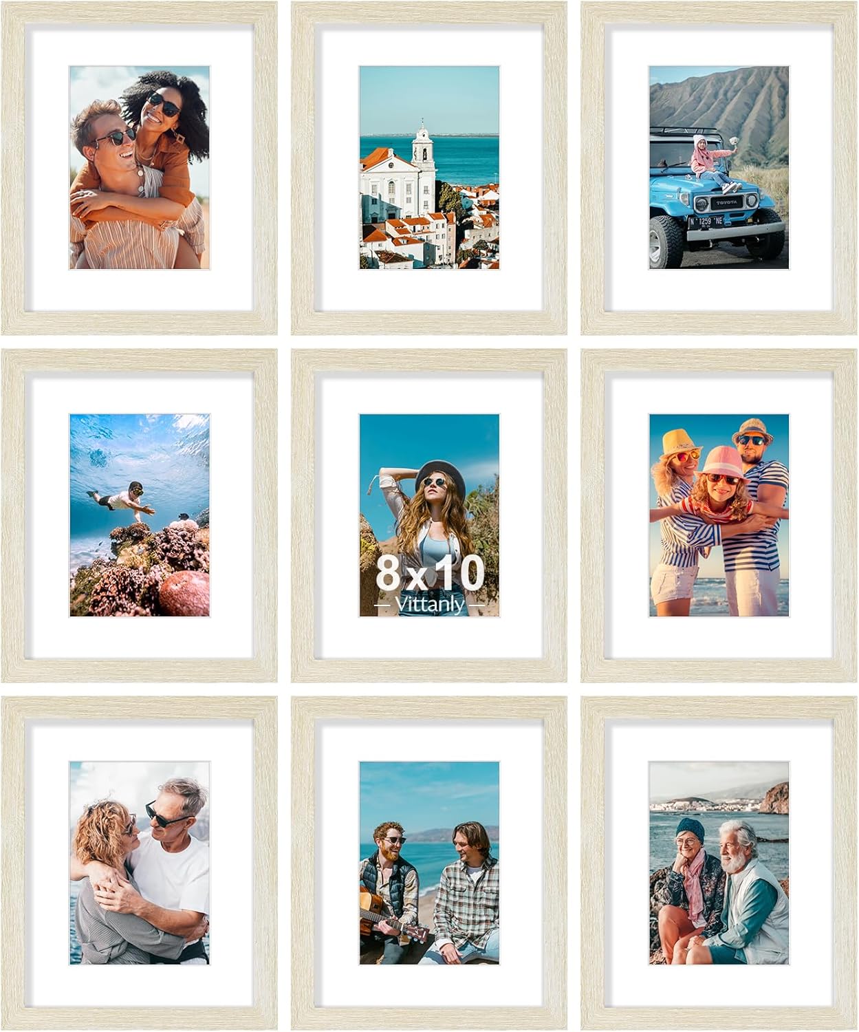 Vittanly 8x10 Picture Frames Set of 9, Shatter Resistant Plexiglass, Display 5x7 Pictures with Mat or 8x10 without Mat, Photo Frames for Wall or Tabletop, Engineered Wood, Black - Colors A
