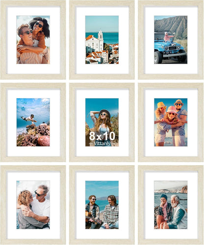 Vittanly 8x10 Picture Frames Set of 9, Shatter Resistant Plexiglass, Display 5x7 Pictures with Mat or 8x10 without Mat, Photo Frames for Wall or Tabletop, Engineered Wood, Black - Colors A