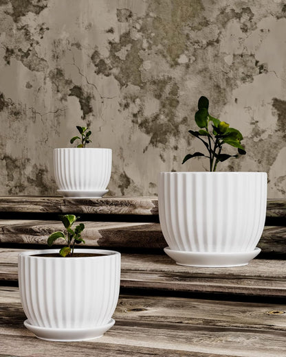 Ton Sin Grey Flower Pots, Texture Planter for Indoor Plants Set of 3 Ceramic Flower Pots with Saucer, Cute Garden Pots Succulent Pots, 6.75/5.6/4.2 Inch, Indoor Outdoor Home Garden Decor