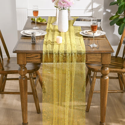 Artoid Mode Beige Gold Gauze Table Runner 120 Inch 10FT, Glitter Metallic Foil Sheer Dining Wedding Anniversary Holiday Birthday Table Decor for Home Party