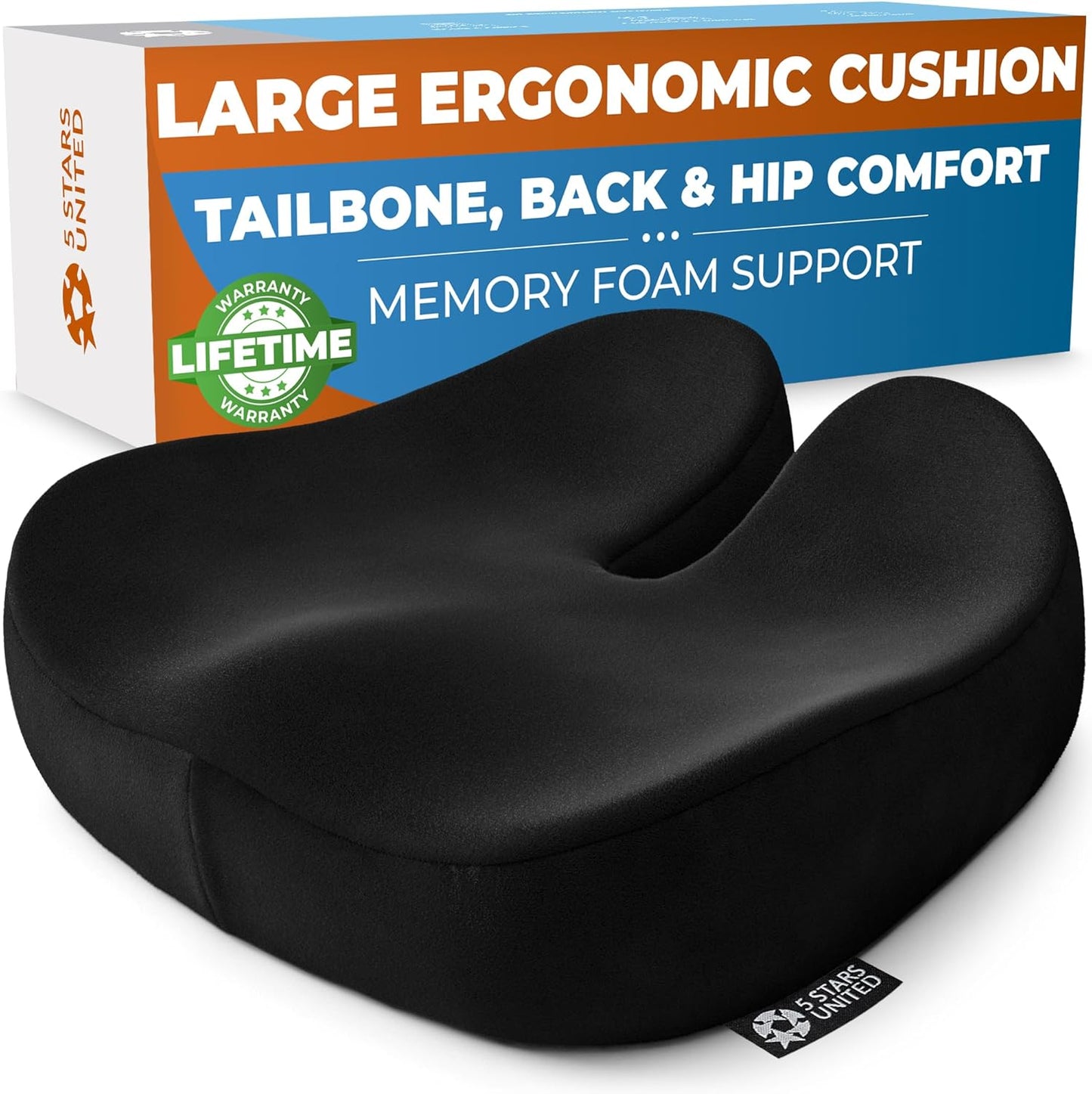 5 STARS UNITED Seat Cushion - Memory Foam Chair Cushion for Tailbone Pain Relief - Ergonomic Support for Coccyx, Sciatica & Butt - Office, Desk & Gaming Chair, Car Seat, Wheelchair, Airplane, Black