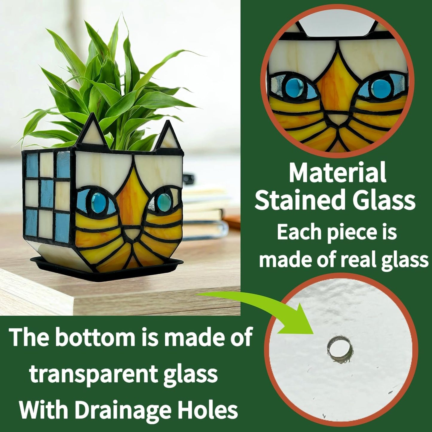 Tiffany Stained Glass Fun Moon Sleeping Cat Planter，Cactus Planter，Cute Planters for Indoor Plants,Decorative Flower Pots As Gifts for Cat Lovers，4.6x3x5.15 in