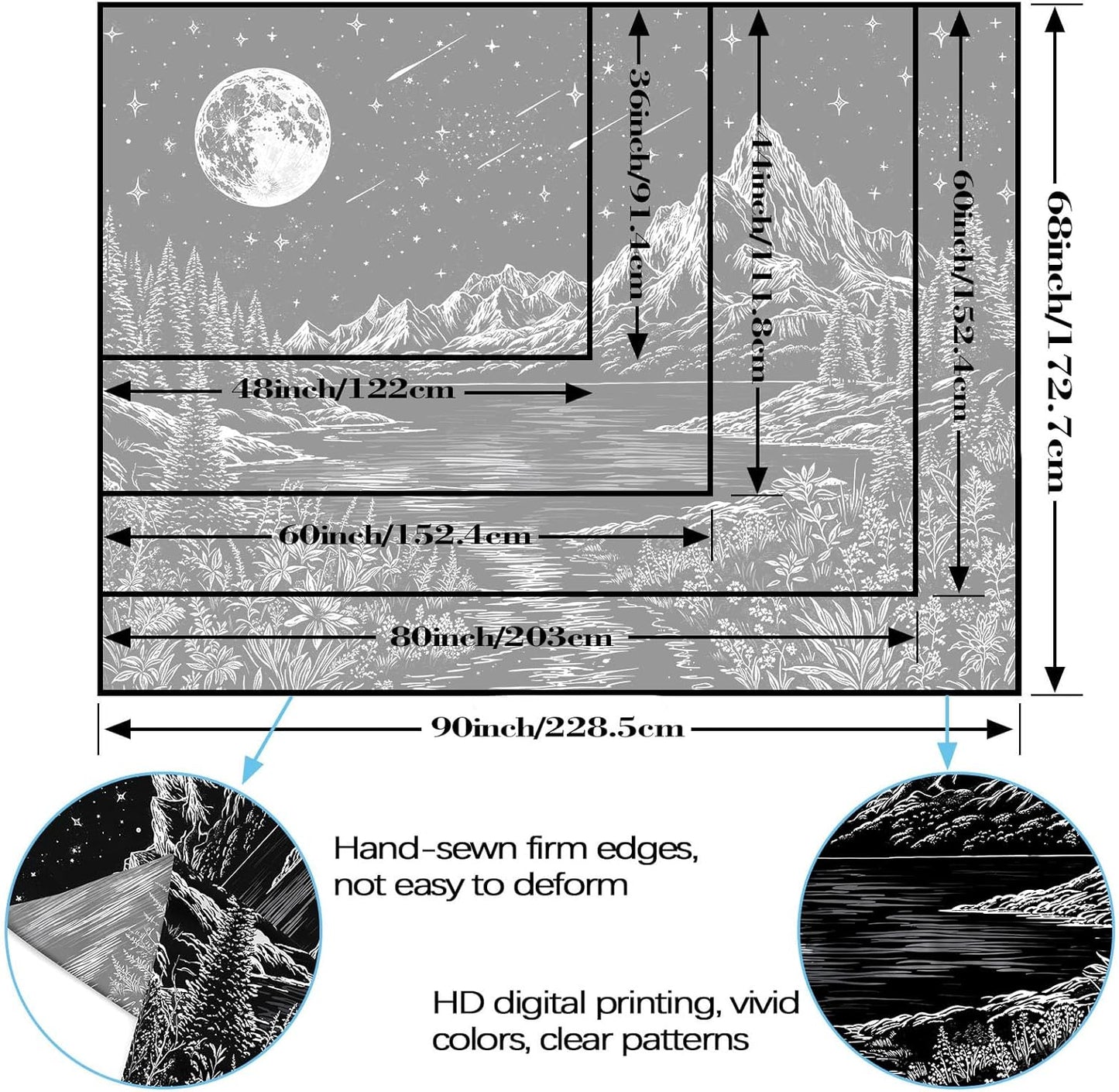 Zussun Black and White Tapestry Starry Night Mountain Tapestries for Bedroom Aesthetic Moon and Stars Tapastry's Wall Hanging Dark Nature Forest Wall Tapestry for Living Room Dorm (48'' × 36'')