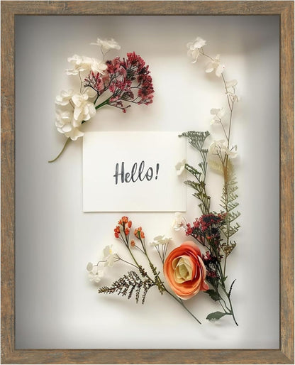 FrameWorks 11” x 14” Dark Oak Wooden Shadow Box Frame – Display Case with Soft Felt Back, Memory Box with Tempered Glass, Display Box with Elegant White Ball Push Pins, Wooden Flower Box
