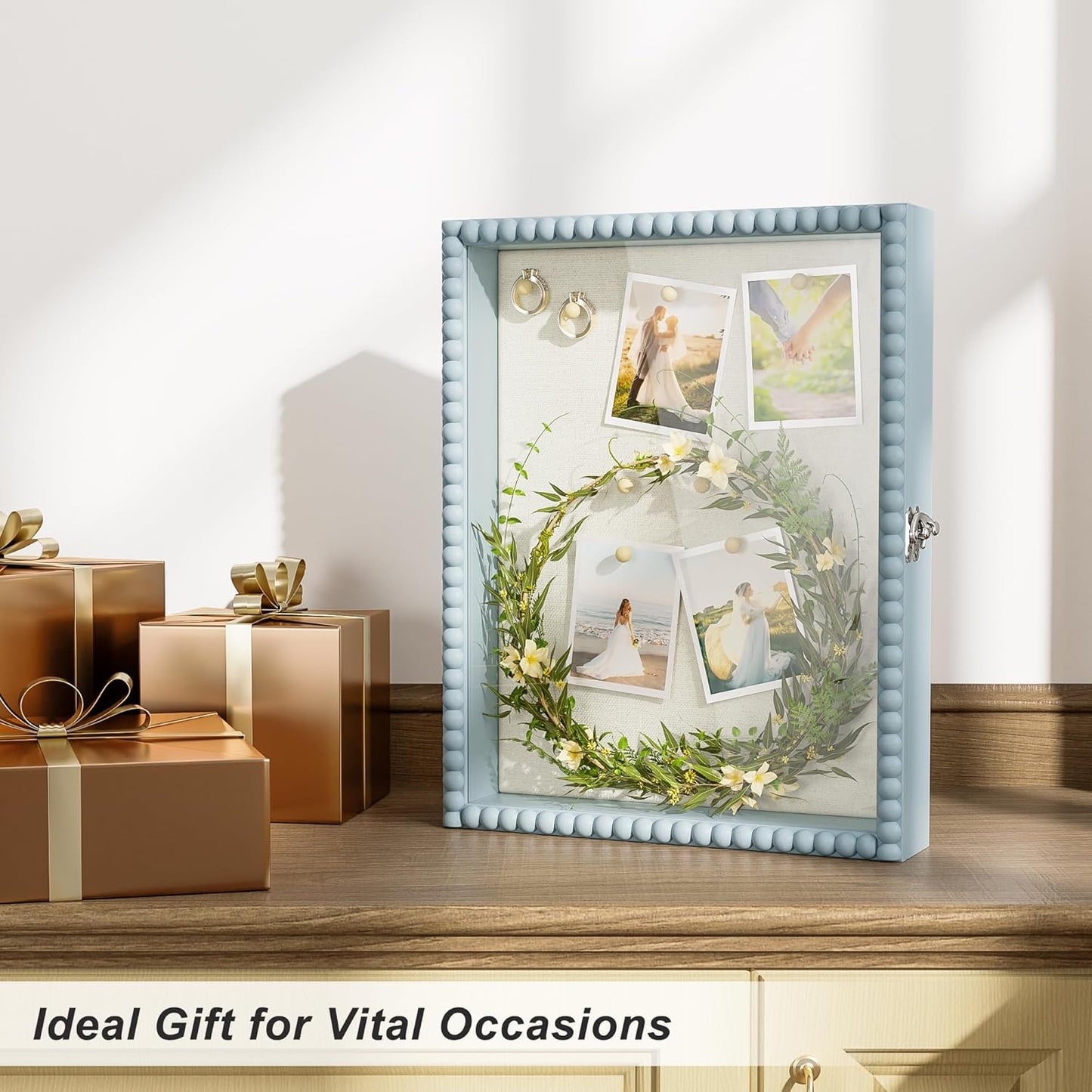 Love-KANKEI Shadow Box Frame 11x14, Deep Large Shadow Box Display Case with Unique Beads Door and Glass Window, Wood Memory Box for Pictures,Medals,Memorabilia,Collections White