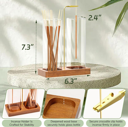 2 in 1 Incense Holder with 7.8" & 5.9" Glass Jars, Large Incense Holder for Sticks, Upside Down Incense Burner with Ash Catcher & Storage for Meditation Yoga Spa Home Decor - 20 Incense Sticks & Brush