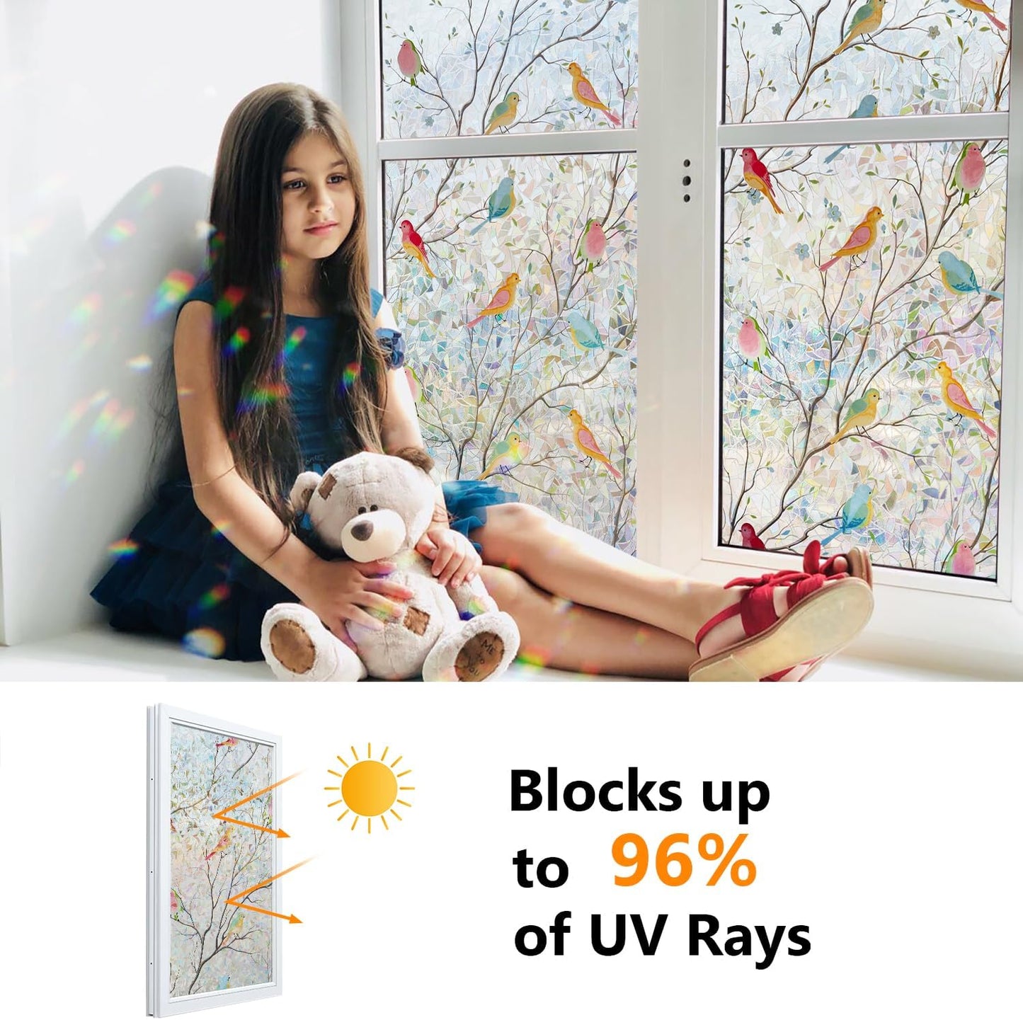 Ranzdn Window Privacy Film - Stained Glass Window Film Static Cling UV & Heat Blocking Rainbow Window Film for Glass Doors, Bedroom Windows - No Glue Premium Vinyl (Easy Install, 17.5"×78.7")