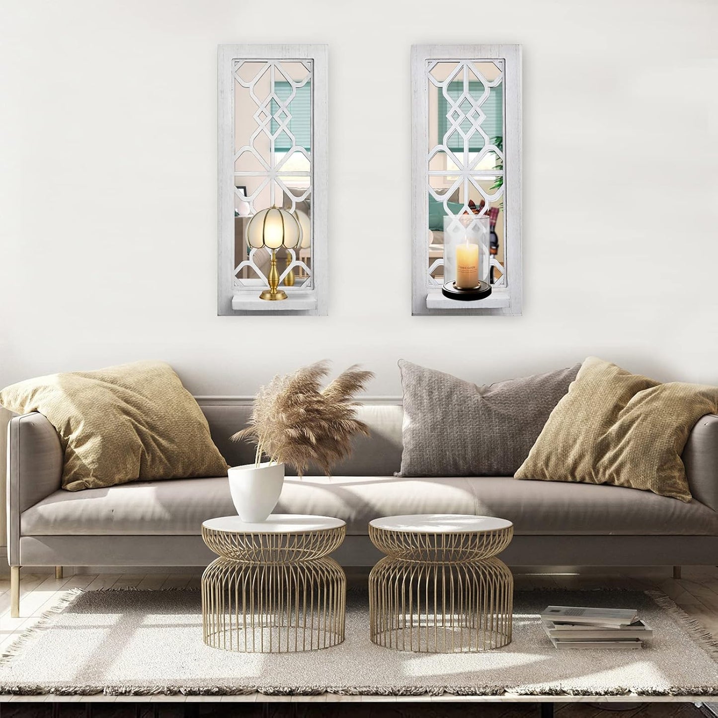 Wood Wall Sconce Candle Holder Set 2, Rustic Wall-Mount Candle Holders, Farmhouse Hanging Wall Décor, Carved Wood Frame, Mirrored Candle Holder (Distressed White)