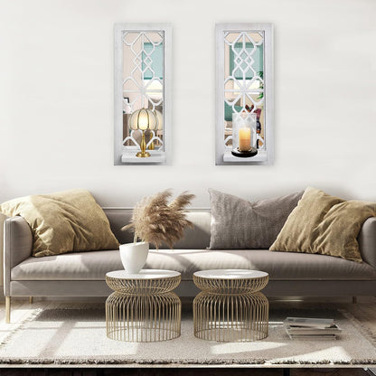 Wood Wall Sconce Candle Holder Set 2, Rustic Wall-Mount Candle Holders, Farmhouse Hanging Wall Décor, Carved Wood Frame, Mirrored Candle Holder (Distressed White)