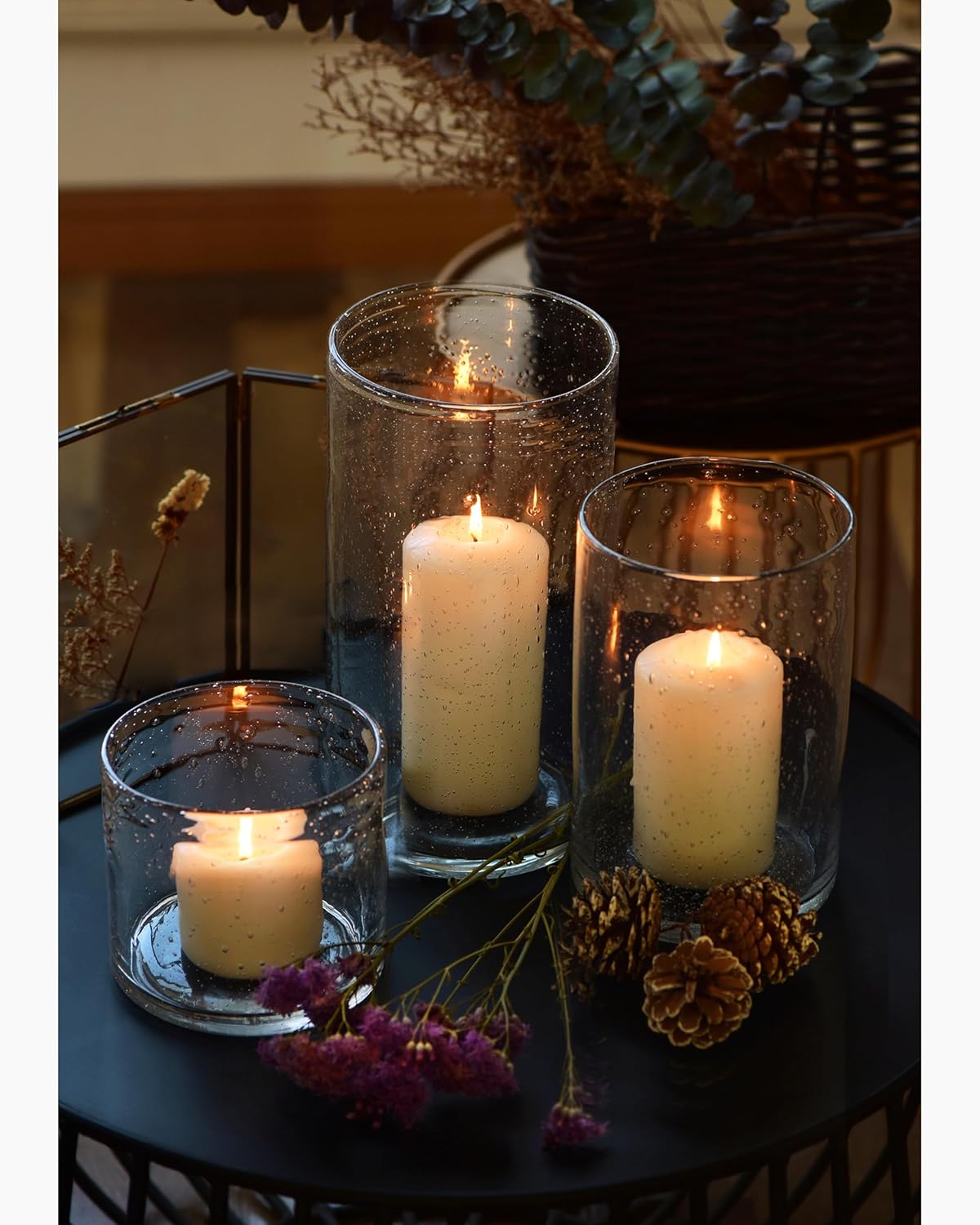 Hurricane Candle Holders for Pillar Hand Blown Glass Cylinder Vases Table Centerpiece Bulk Room Decor Clear Seeded Bubbles Living Dining Kitchen Island 10" 7" 4" Set of 3