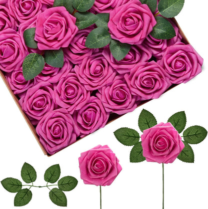 InnoGear Artificial Flowers, 50 Pcs Dark Red Foam Fake Roses Bulk with Stems for Mother's Gift Decoration Celebration DIY Wedding Bouquets Centerpieces Bridal Shower Party Christmas Tree