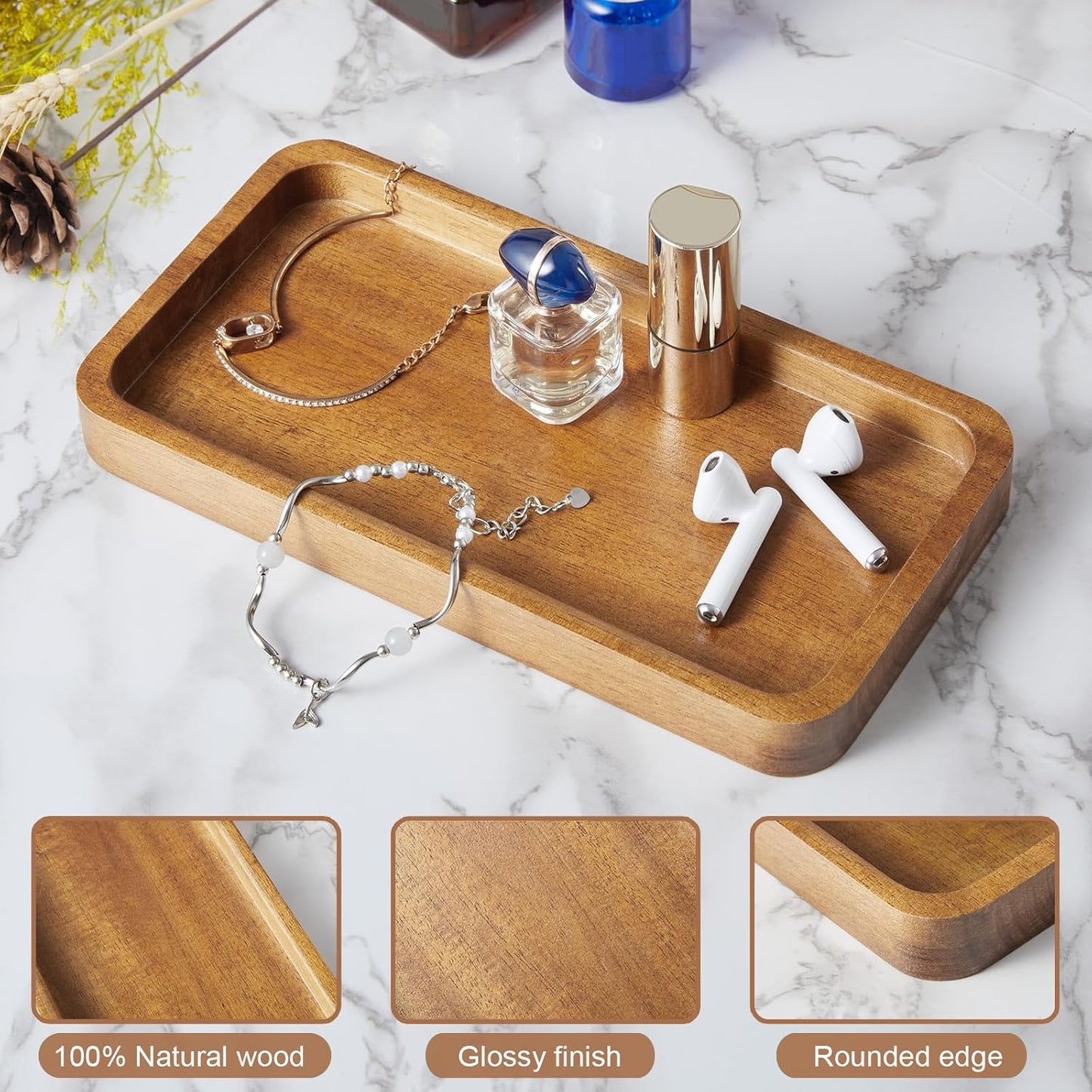 ALELION 11.7" Bathroom Vanity Tray for Counter - Acacia Wood Decorative Tray for Toilet Tank Makeup Perfume Jewelry Catchall Coffee Table - Wooden Kitchen Countertop Organizer for Soap Dispenser