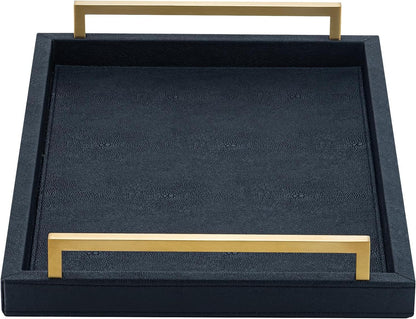 XIGEXIGE Ivory Shagreen Decorative Tray Large Rectangle Coffee Table Tray for Ottoman Faux Leather Serving Tray with Brushed Gold Handles