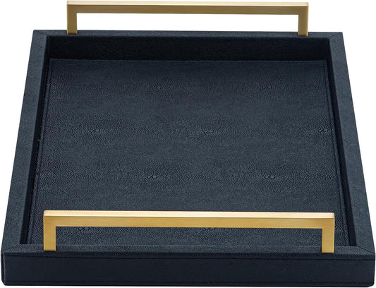 XIGEXIGE Ivory Shagreen Decorative Tray Large Rectangle Coffee Table Tray for Ottoman Faux Leather Serving Tray with Brushed Gold Handles