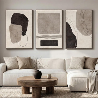Large Framed Neutral Abstract Wall Art for Living Room, 3 Piece Modern Canvas Prints Paintings Artwork for Walls, Black and Beige Pictures for Living Room Hallway Stair Office Wall Decor 24x36 Inch