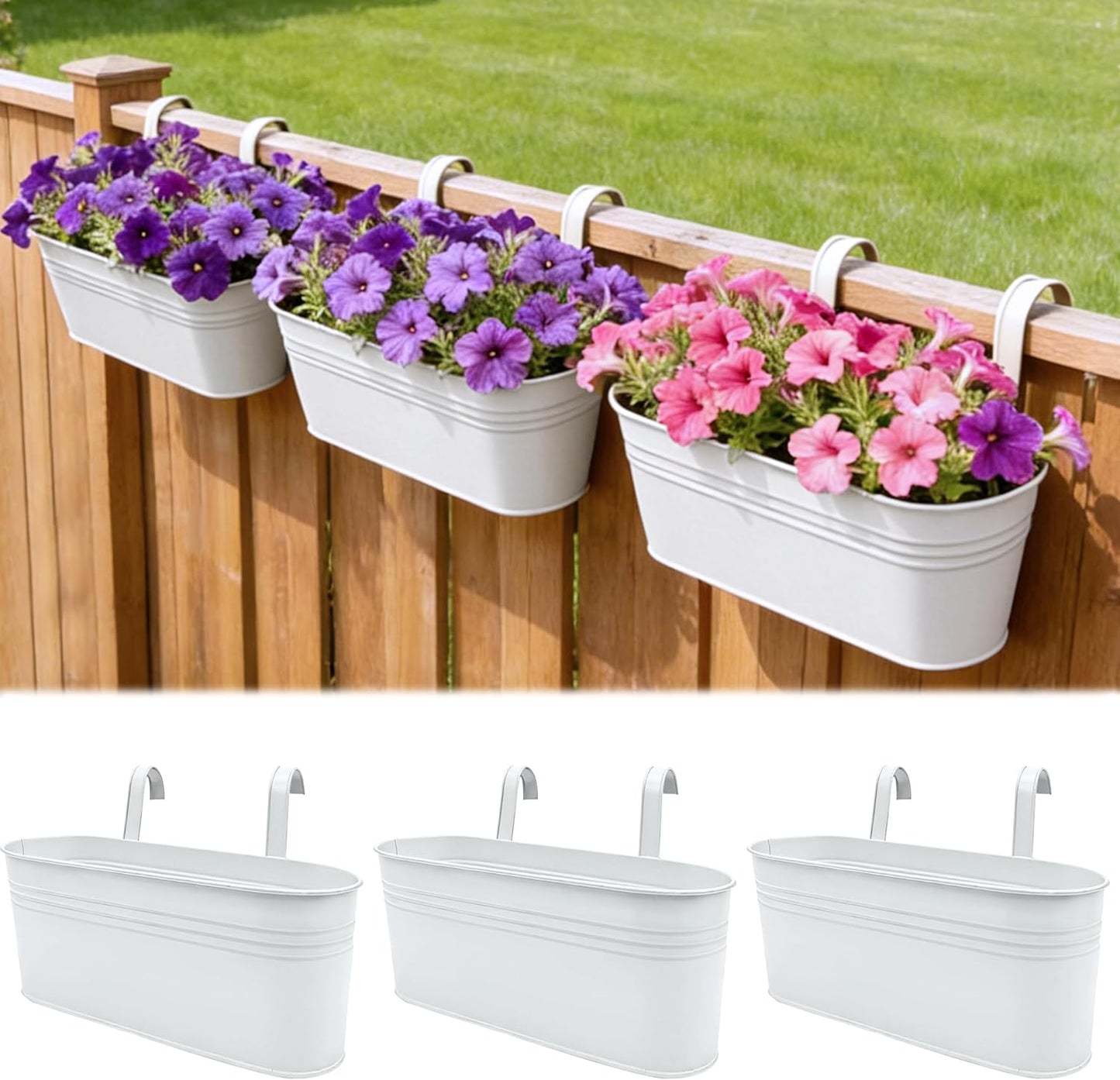 Metal Railing Planter Boxes 16 Inch, 3-Pack Adjustable Hanging Flower Pots for Balcony, Deck, Porch & Fence, Detachable Hook Design, Black Heavy Duty Planters for Outdoor