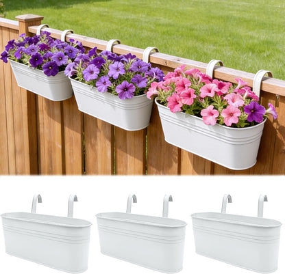 Metal Railing Planter Boxes 16 Inch, 3-Pack Adjustable Hanging Flower Pots for Balcony, Deck, Porch & Fence, Detachable Hook Design, Black Heavy Duty Planters for Outdoor