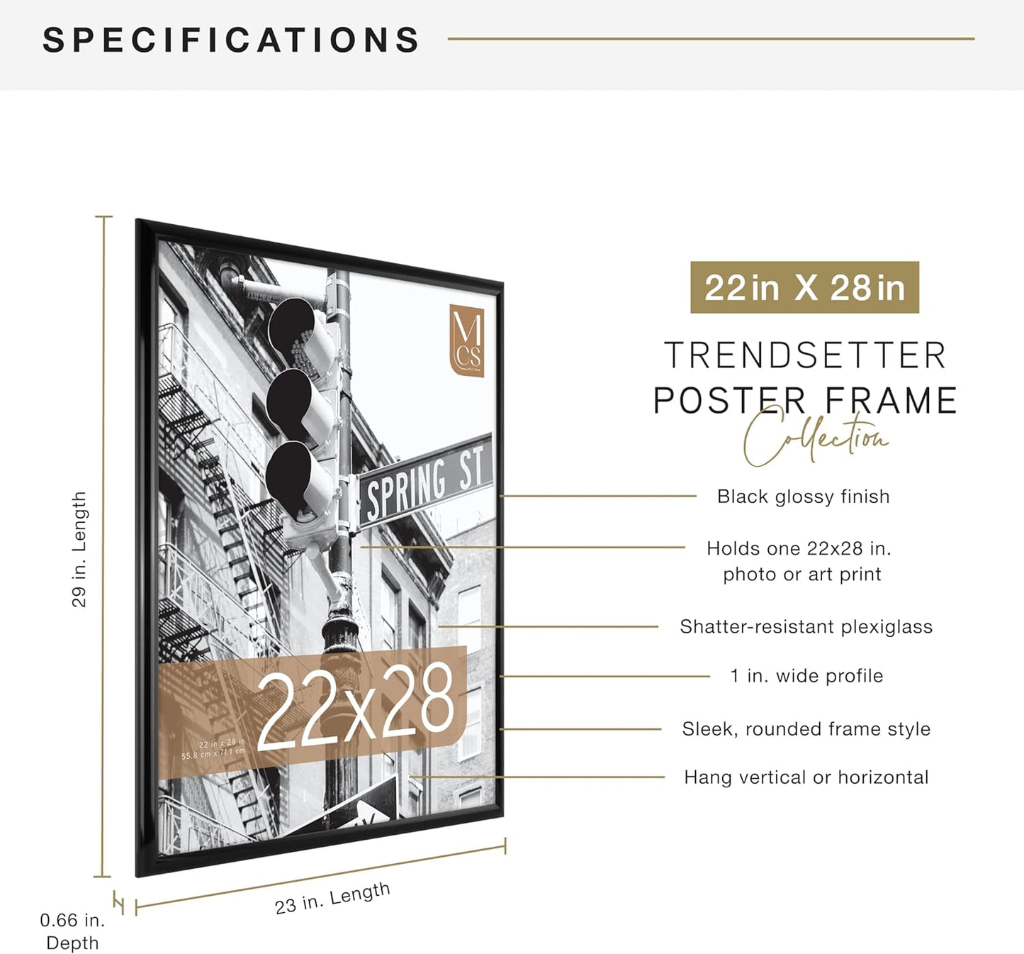 MCS Trendsetter 24x36 Poster Frame Black High-Gloss, Vertical & Horizontal Wall Hanging Large Picture Frame for Photos, Posters & Art Prints (1-Pack)