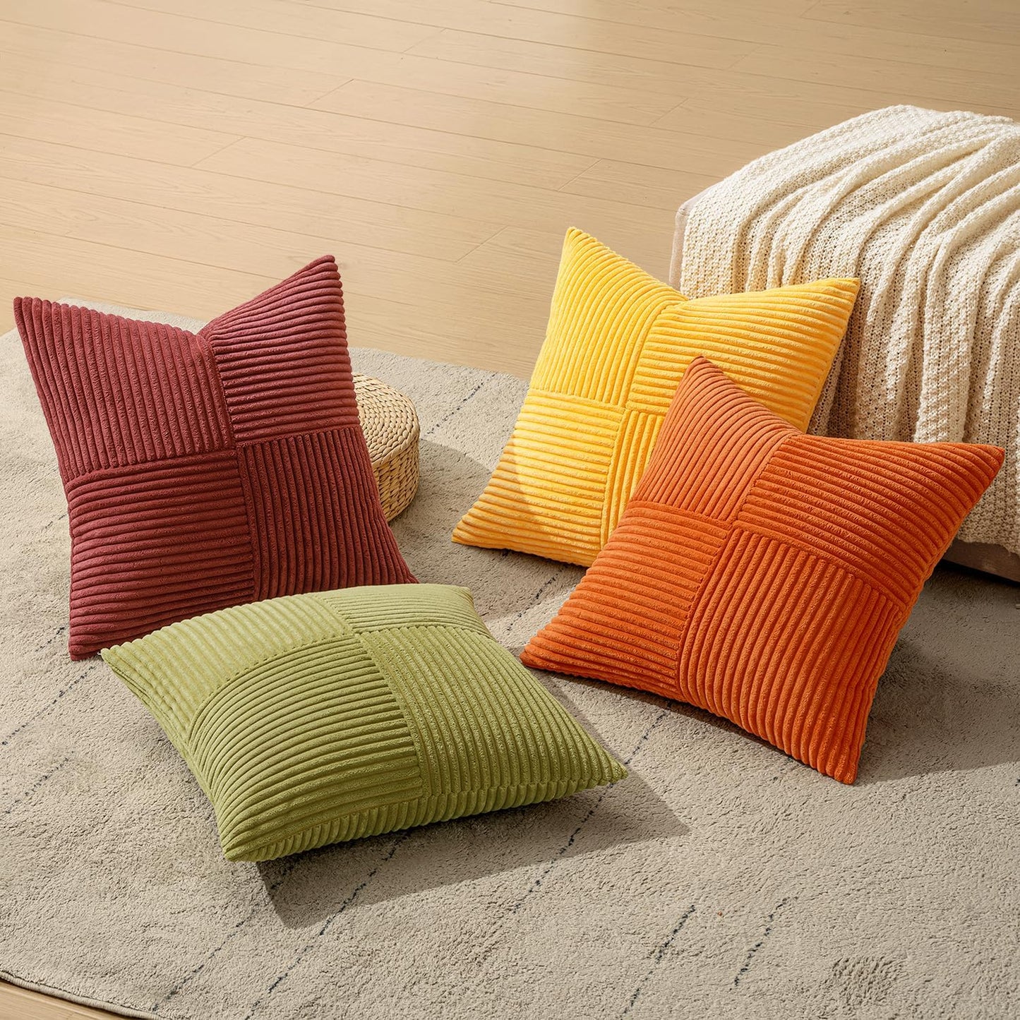 MIULEE Teal Orange Decorative Throw Pillow Covers 18x18 Inch Set of 4 Boho Corduroy Striped Cushion Cases Modern Farmhouse Patchwork Pillow Cases for Couch Sofa Bedroom Home Decor