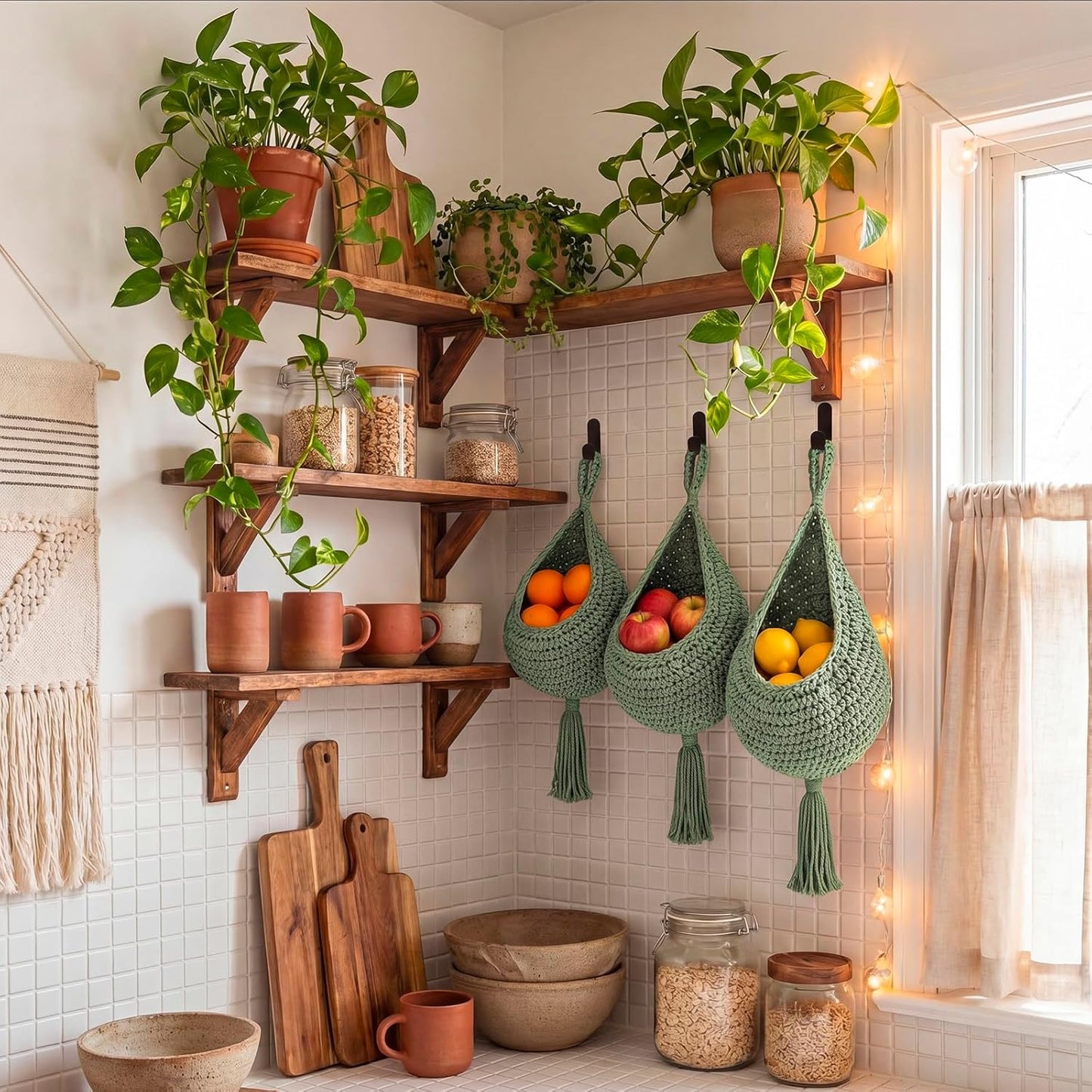 Honeydak Boho Decor Hanging Wall Baskets for Kitchen 3 Pack Teardrop Baskets with Hooks Storage Fruit Onion Vegetable Potato for Home 3 Sizes(Linen,Teardrop,Jute)