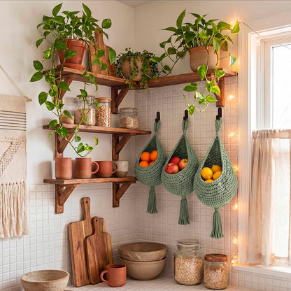 Honeydak Boho Decor Hanging Wall Baskets for Kitchen 3 Pack Teardrop Baskets with Hooks Storage Fruit Onion Vegetable Potato for Home 3 Sizes(Linen,Teardrop,Jute)