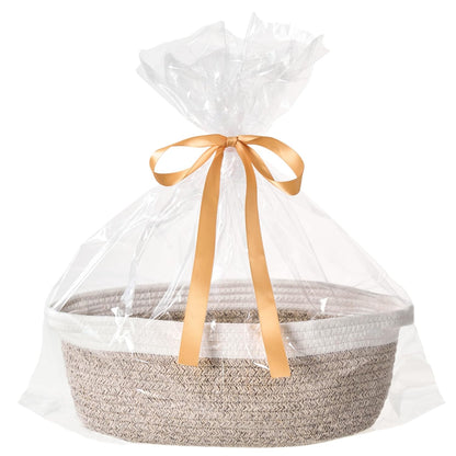 Small Woven Gift Basket Empty with Bag & Ribbon - Gifts for Mom, Baby Shower, Birthdays & Raffle - Cotton Rope Storage Basket for Dog Toys or Shelf - 12"x8"x5", White
