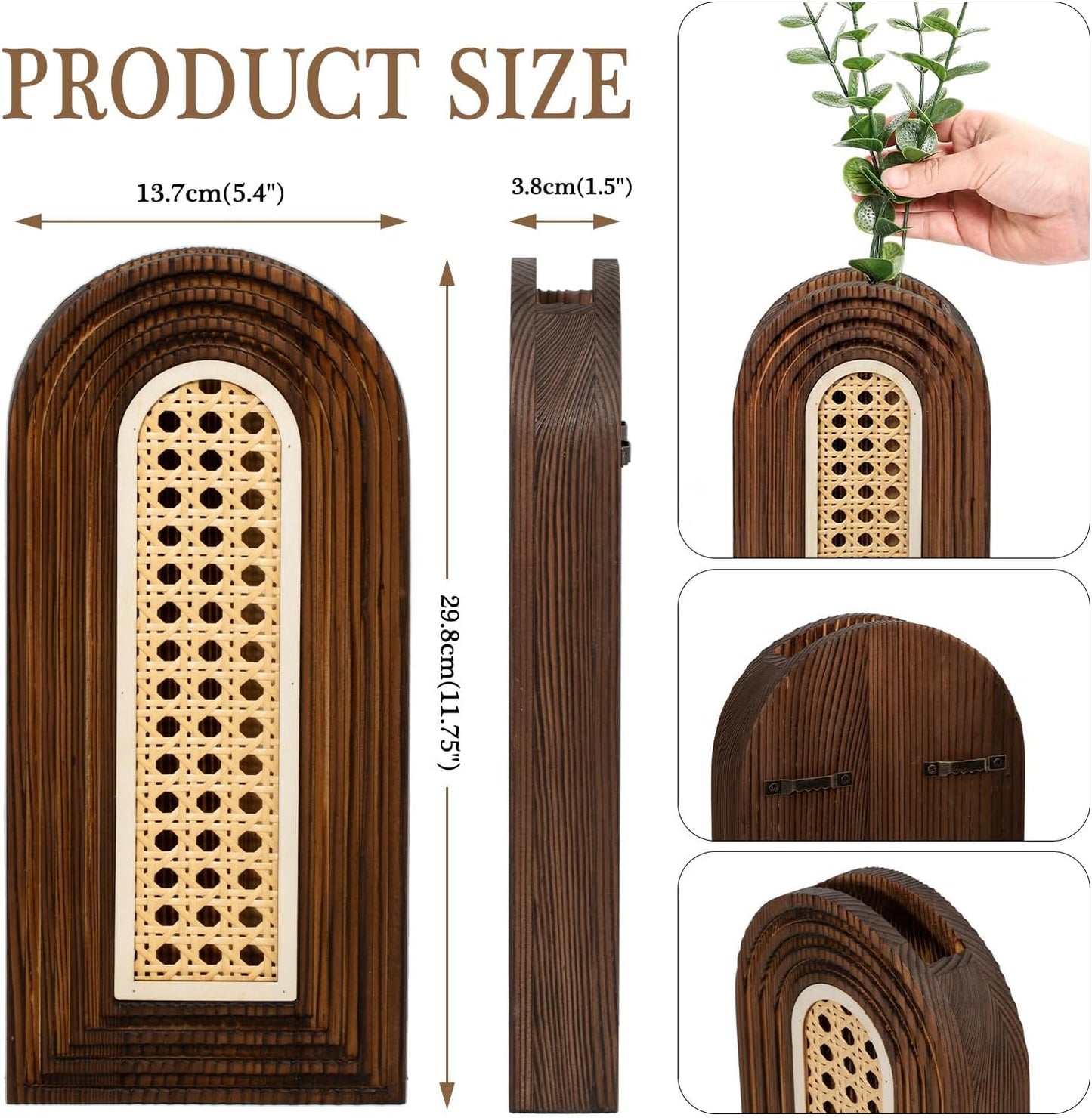 Dnnnii 2 Pack Wooden Wall Vase Set - Brown Finish Modern Farmhouse & Boho Wall Decor for Entryway, Hallway, Bathroom, Living Room, Dining Room, Narrow Spaces