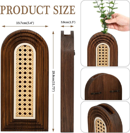 Dnnnii 2 Pack Wooden Wall Vase Set - Brown Finish Modern Farmhouse & Boho Wall Decor for Entryway, Hallway, Bathroom, Living Room, Dining Room, Narrow Spaces