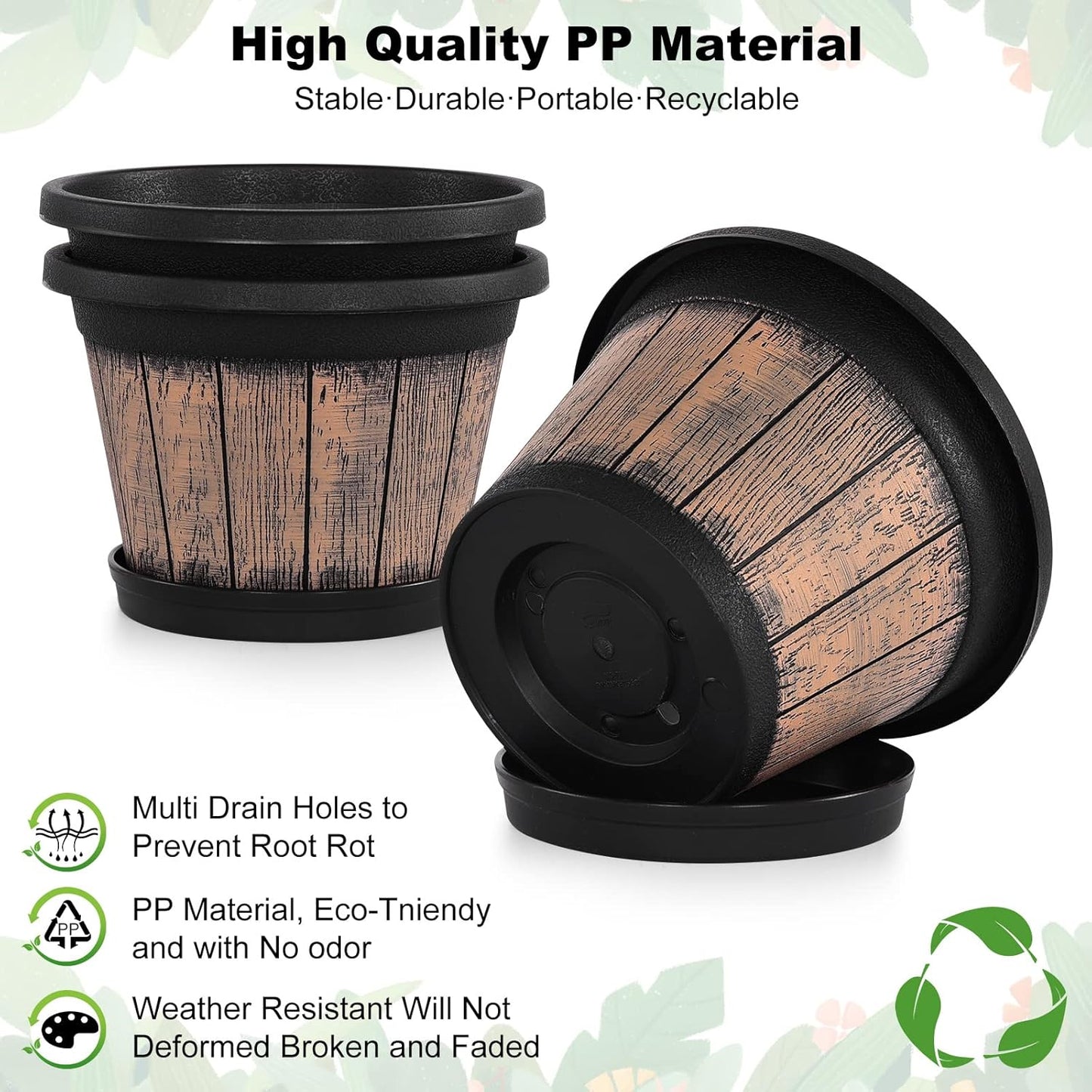 Quarut 3 Pack 10 inch Plant Pots,Whiskey Barrel Planters with Drainage Holes & Saucer, Plastic Decoration Flower Pots Imitation Wine Barrel Design, for Indoor & Outdoor Garden Home Plants (Brown)