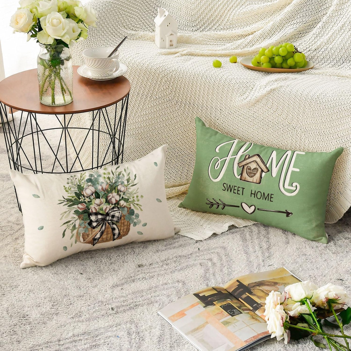 AVOIN colorlife Bless Our Home Farmhouse Eucalyptus Leaves Throw Pillow Covers, 18 x 18 Inch Truck Home Sweet Home Cushion Case Decorations Set of 4
