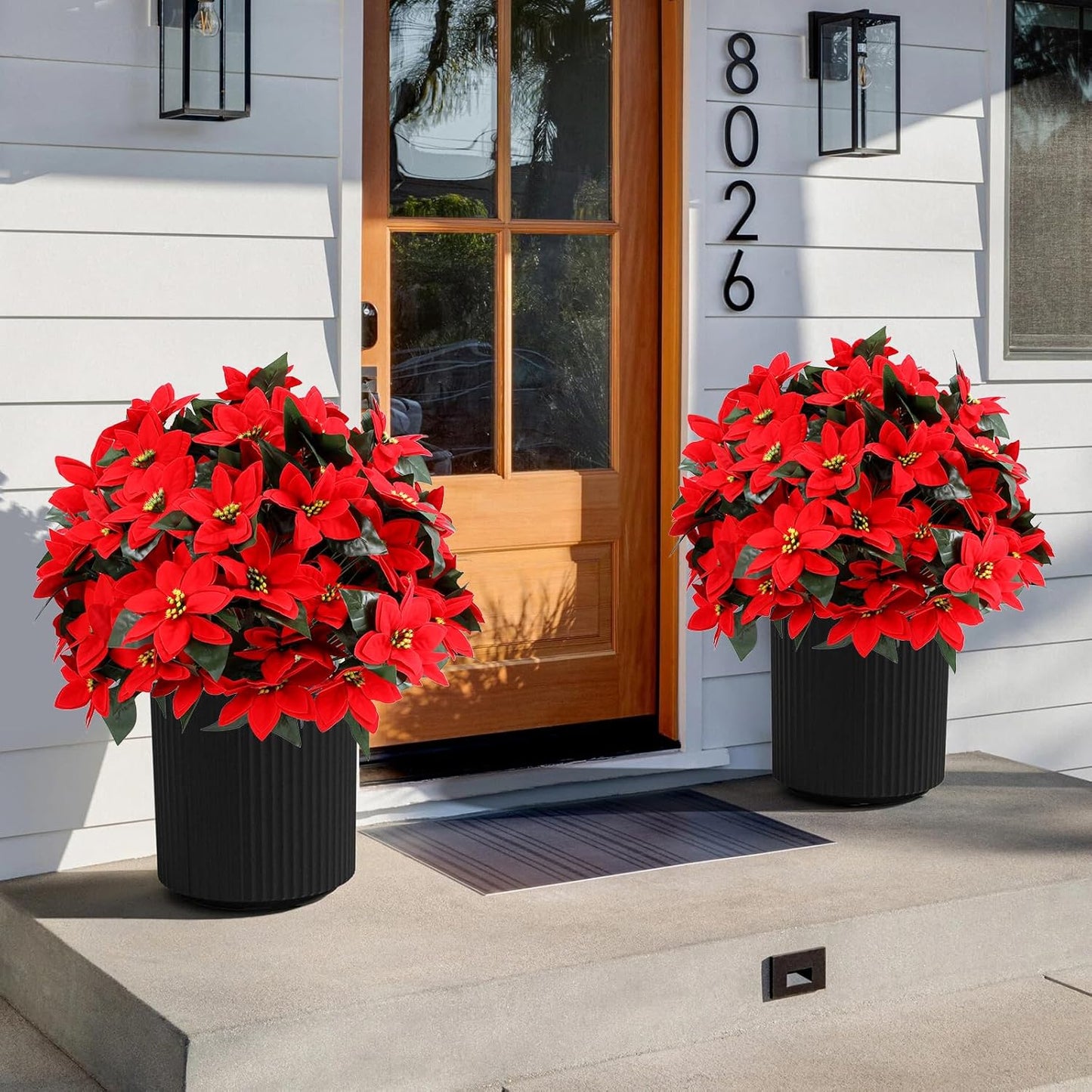 Artificial Red Eucalyptus Topiary Ball Tree 24" with Ground Spike, Set of 2 Artificial Boxwood Bushes for Faux Shrubs, Fake Evergreen Faux Plant for Indoor Outdoor Garden -UV Resistant–Fade-Proof