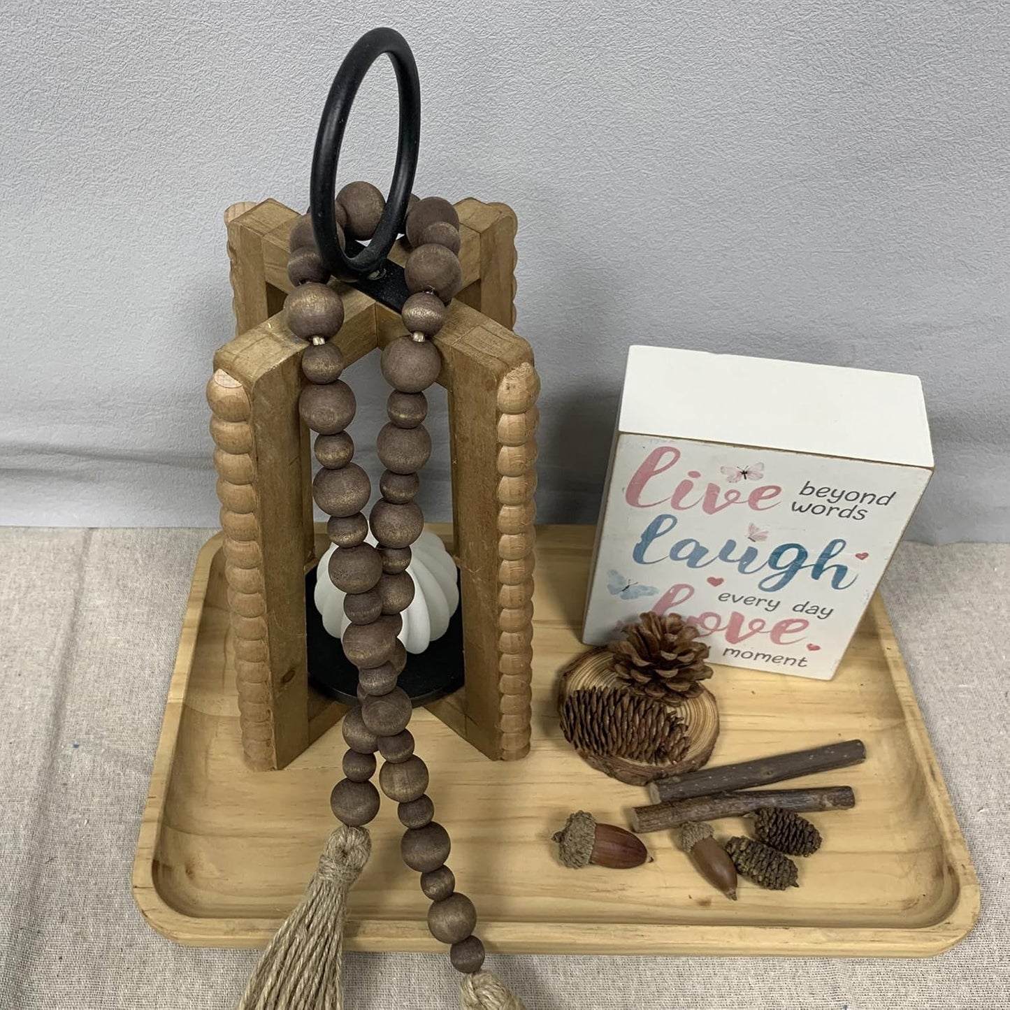 Handcrafted Farmhouse Wooden Decorative Beads Garland, Table Tray Boho Wood Beads with Tassel, Small Rustic Antique Decor for Home and Events (32" Rustic Blue)