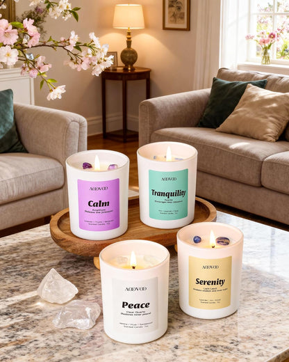 AOOVOO Calm Candles Set for Women - 4 Pack Candles for Home Scented, 28 oz 200 Hour Burn, Aromatherapy Candle with Crystals, Lavender Calm/Jasmine Serenity/Water Lily Pear Harmony/Patchouli Balance