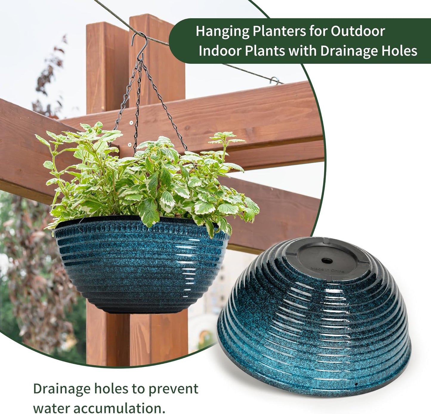 Vanslogreen 2 Pack Hanging Planters for Indoor Outdoor Plants, 10 Inch Hanging Planter with Drainage Hole & Plug Glazed Hanging Baskets Flower Pots for Garden Home (Blue)
