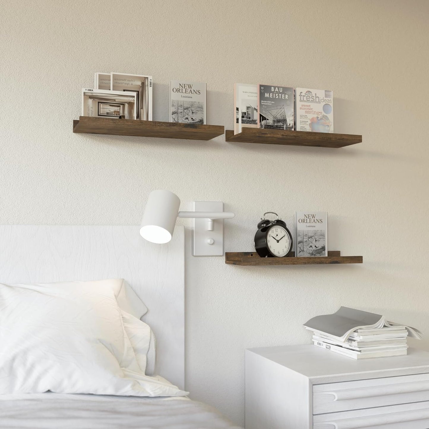 RICHER HOUSE 5 Set Floating Wall Mounted Shelves, Black Shelves for Wall Decor, Modern Picture Ledge Shelf with Lip for Storage, Nursery, Bedroom, Living Room, Bathroom - Black