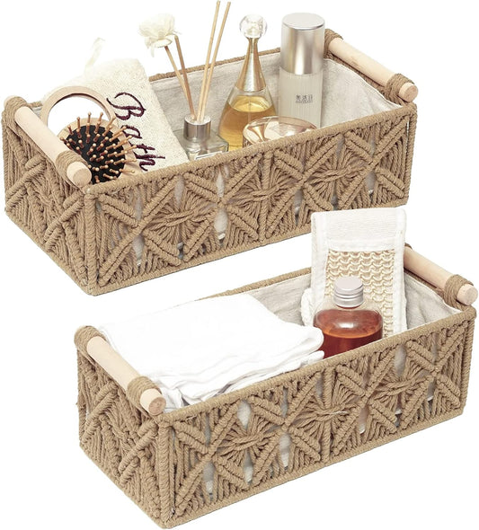 HOSROOME Macrame Storage Basket Boho Decor Baskets for Organizing Woven Decorative for Countertop Toilet Paper Basket for Tank Top for Home Decor Bedroom Nursery Livingroom Entryway (Set of 2)