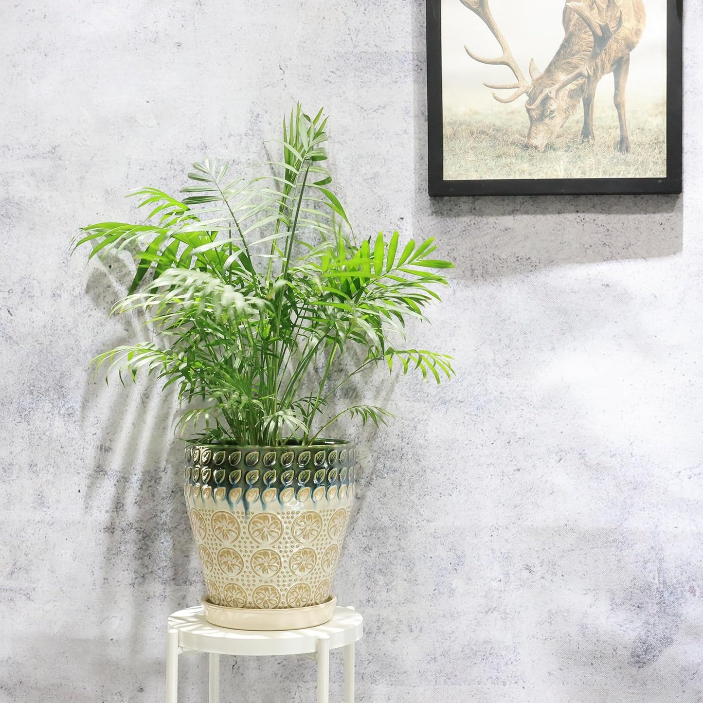 6 Inch Ceramic Planter Pots with Drainage Holes, Saucers and Mesh Pads for Indoor-Outdoor Plants, Succulent Orchid Flower Large Round Plant Pot, Set of 2 (Green+White)