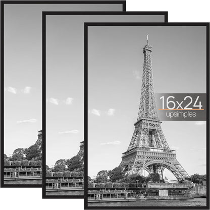 upsimples 24x36 Poster Frame Black 3 Pack, Scratch-Proof Picture Frames 24 x 36 for Photo Gallery - Slide-In Strips, Horizontal or Vertical Wall Mounting